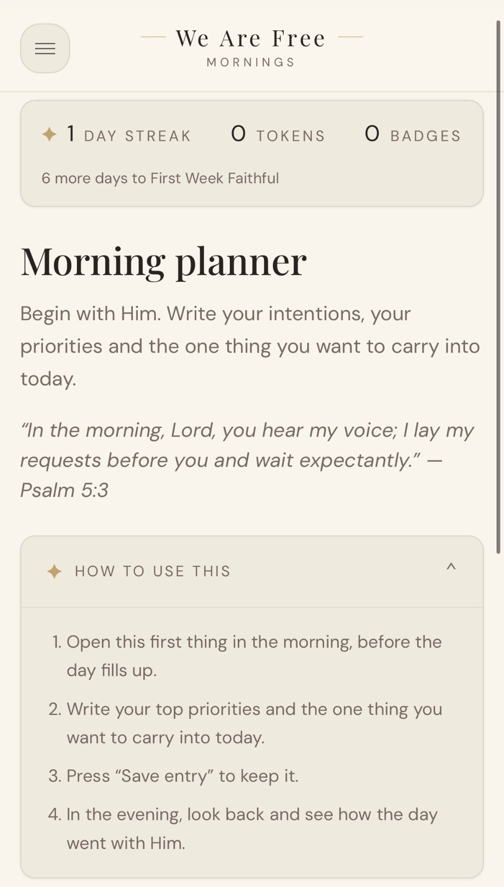 Morning planner screen in We Are Free