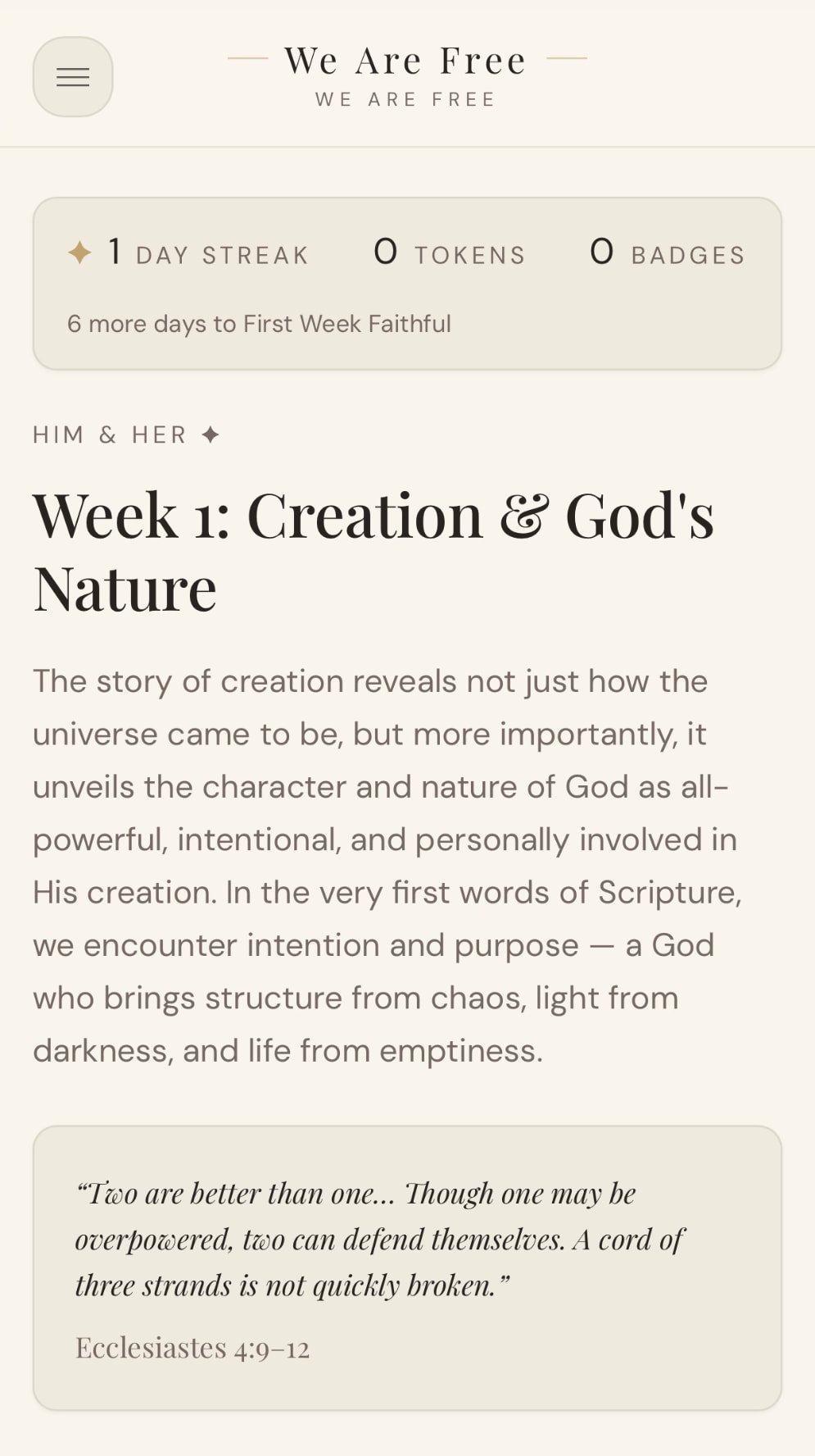 Your week together screen in We Are Free