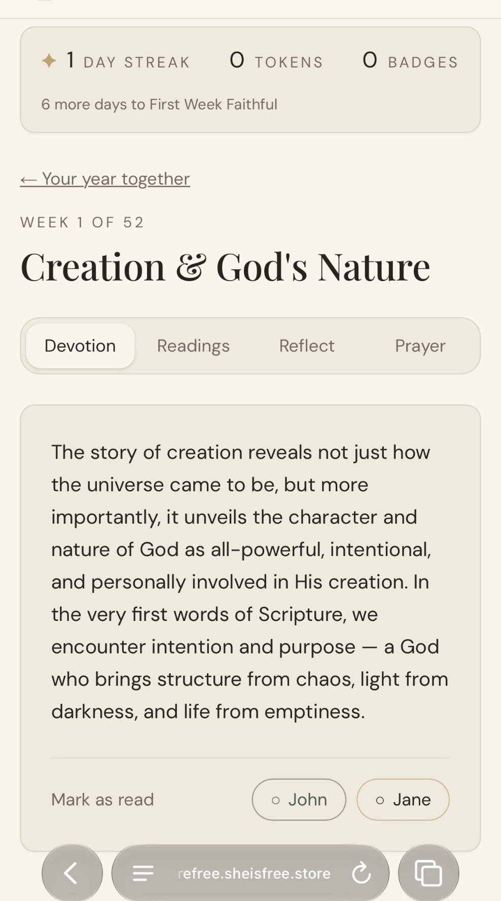 The weekly devotion screen in We Are Free