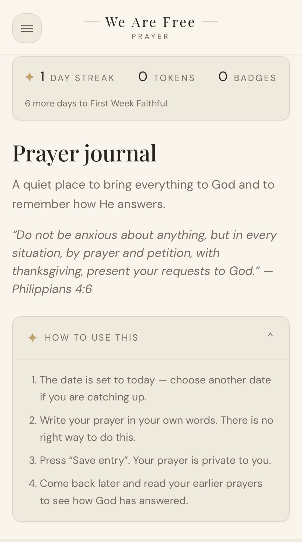 Prayer journal screen in We Are Free