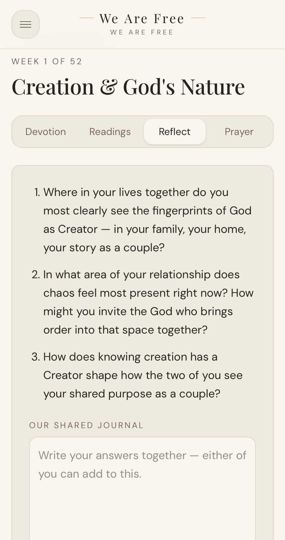 Reflect as a couple screen in We Are Free