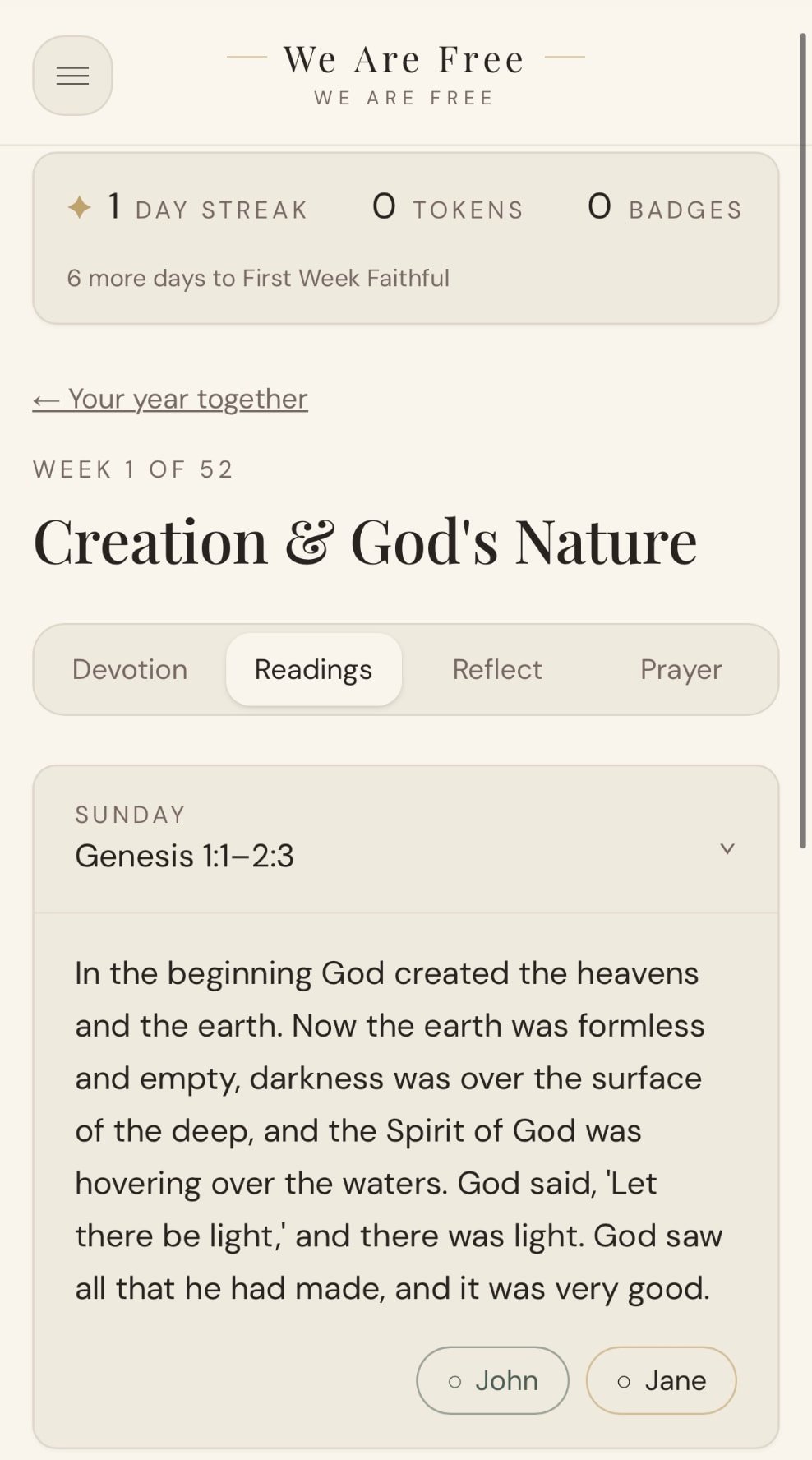 Daily readings screen in We Are Free