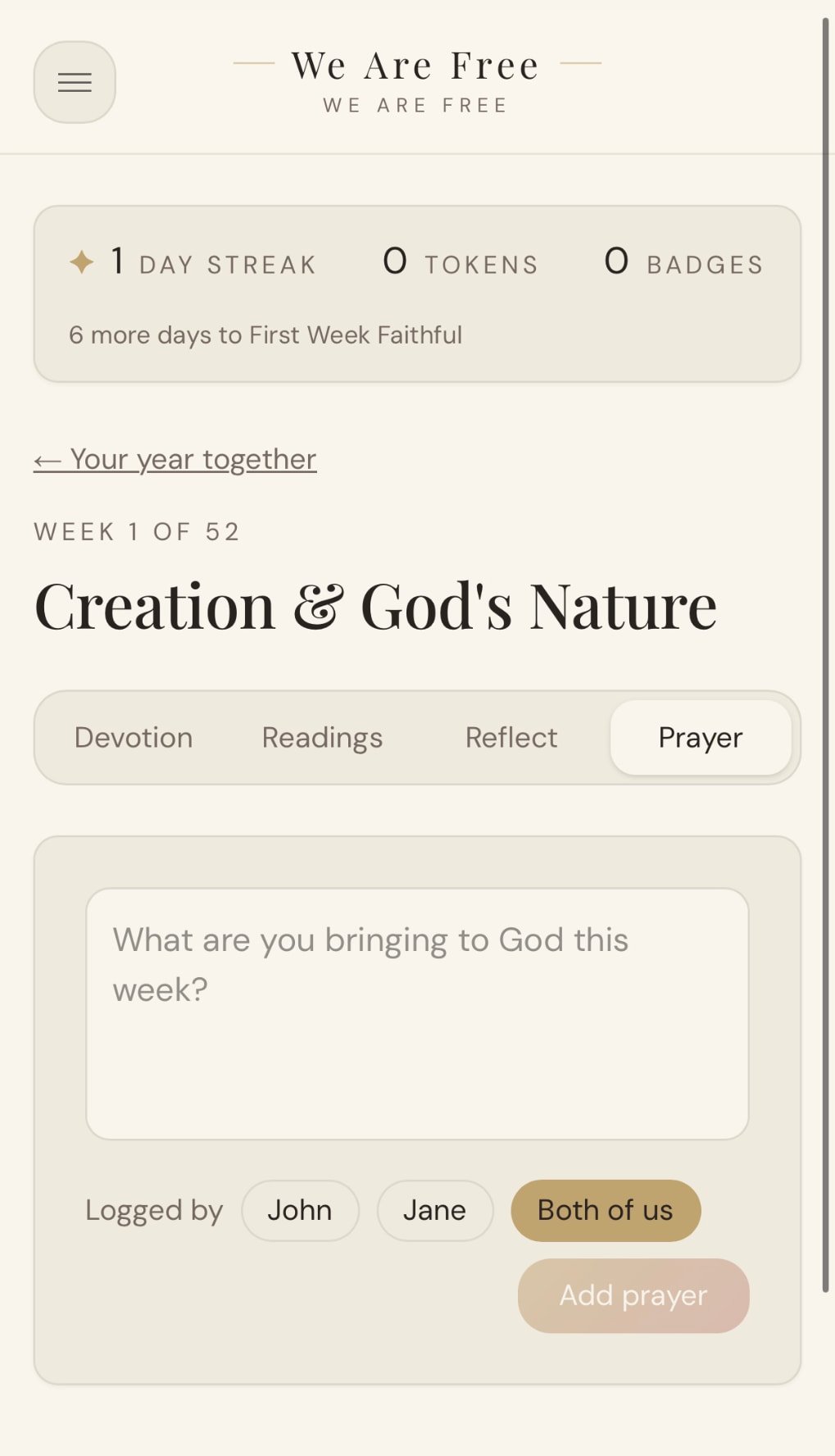Pray together screen in We Are Free